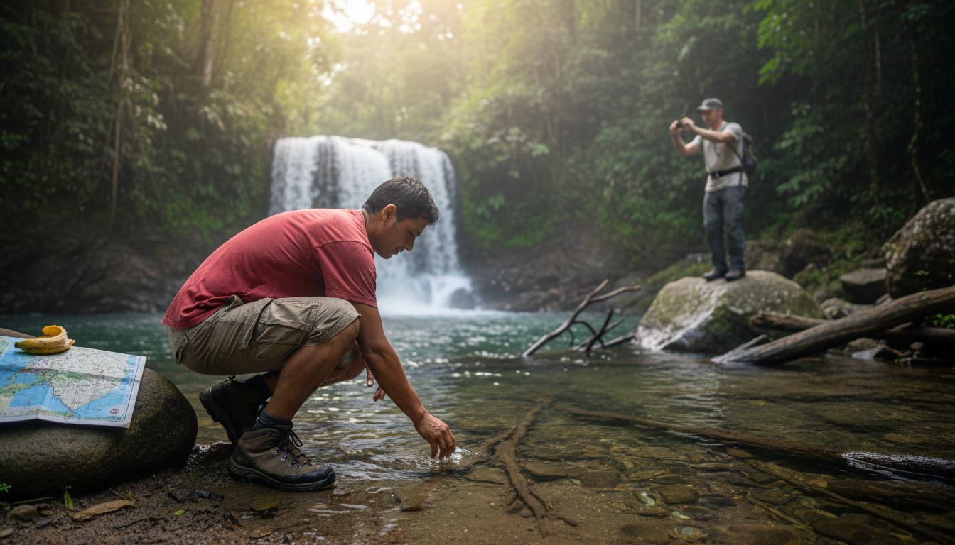 Guide kneeling by tiered Costa Rica waterfall