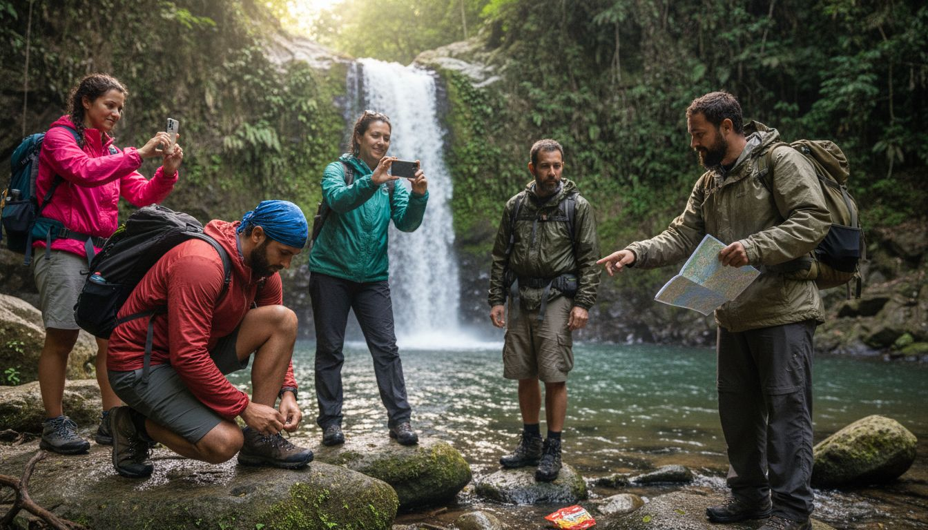 Group beside Jaco waterfall guide explains