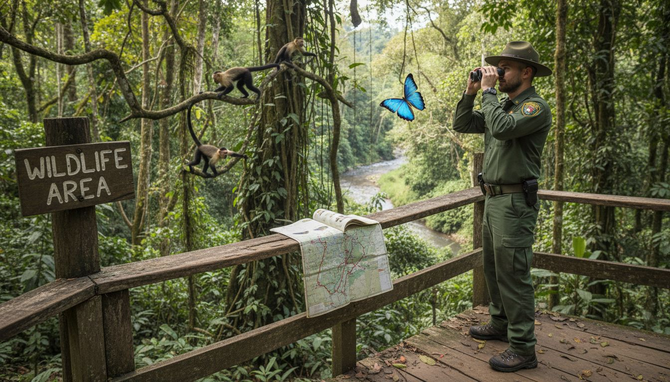Park ranger observes monkeys wildlife in Costa Rica