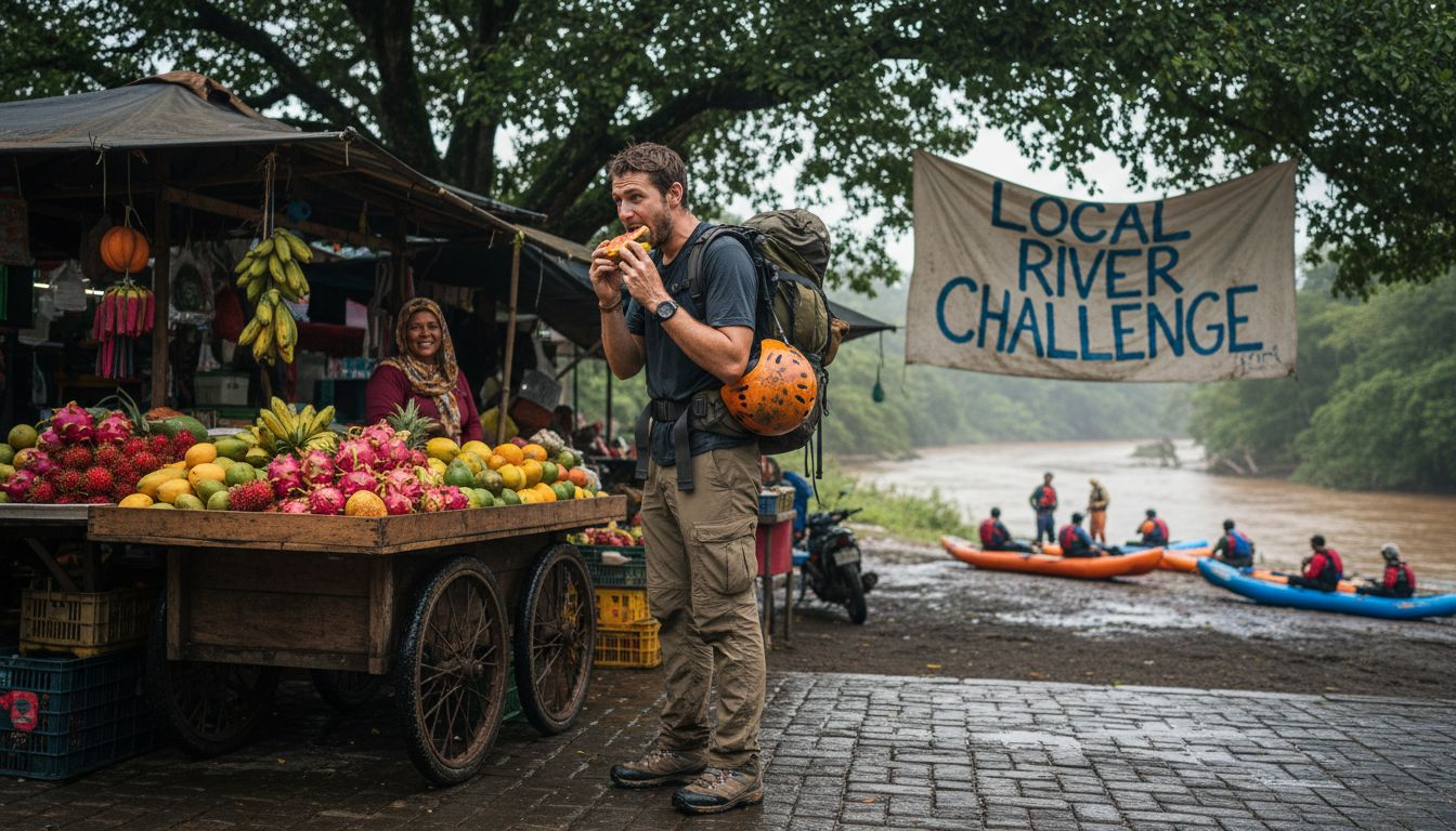 Traveler eating at market, kayakers in background
