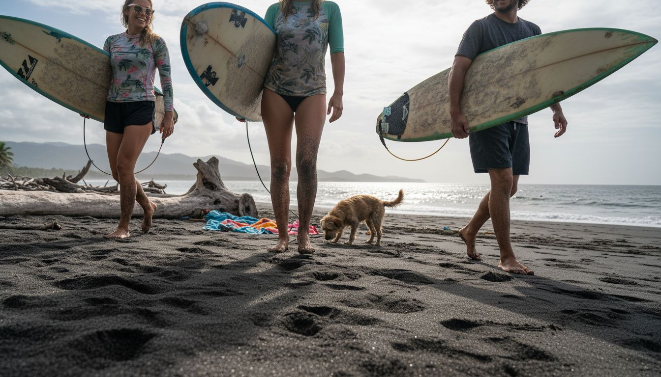 Friends carrying surfboards on Jacó beach