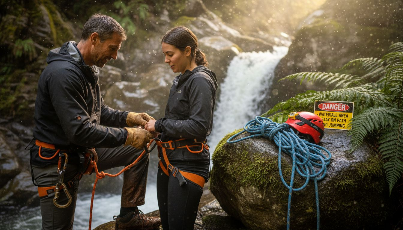 Guide fitting harness for canyoning tour