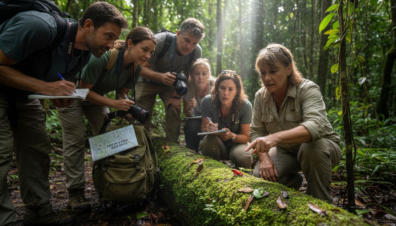 Guide showing wildlife to group tourists