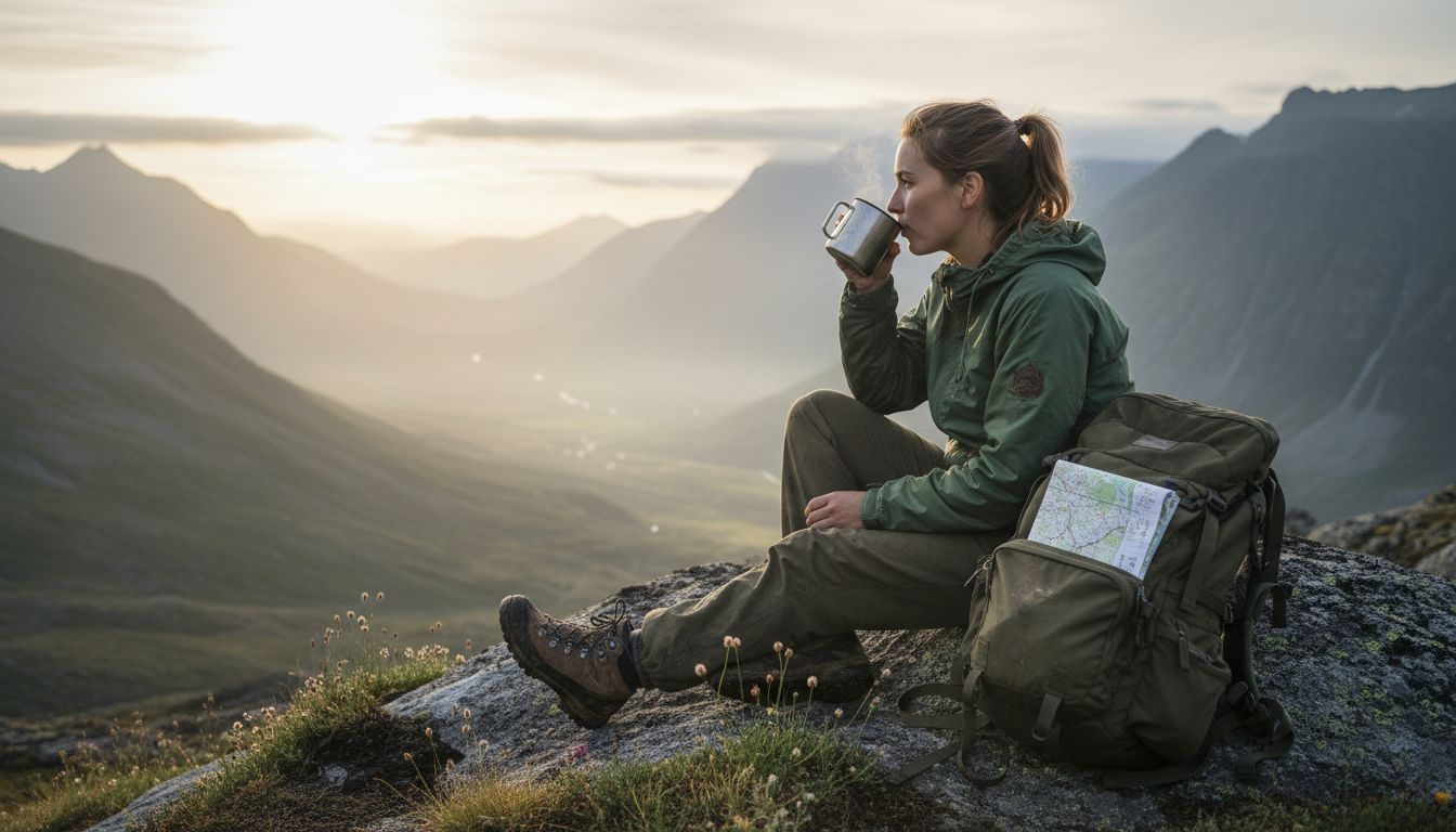 Woman with coffee overlooking mountain valley sunrise