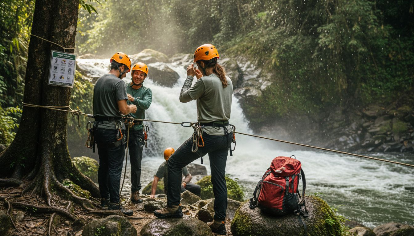 Guides prepping guests for waterfall rappelling