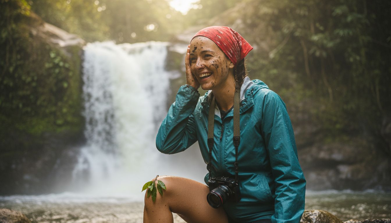 Adventurer at base of Jacó horsetail waterfall