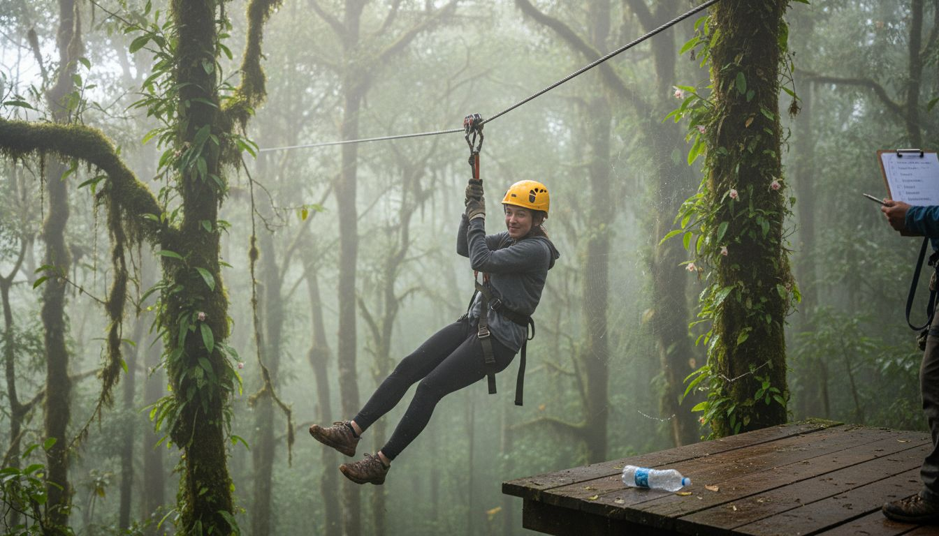 Woman ziplining in misty Costa Rica cloud forest