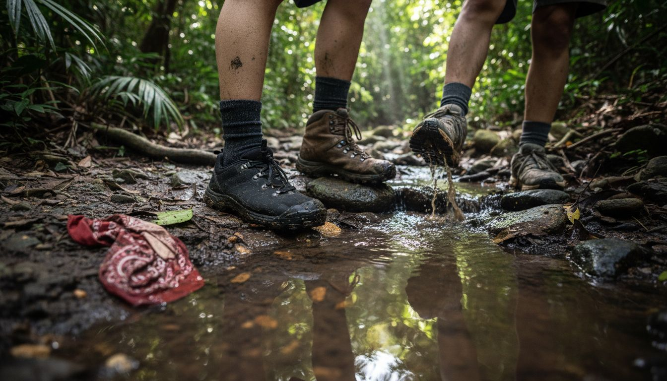 Close-up protective footwear on waterfall trail
