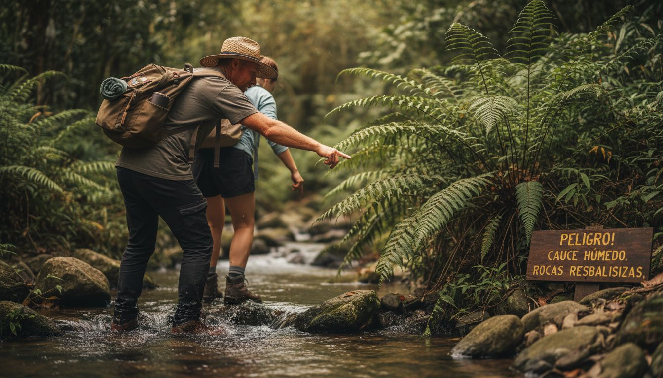 Guide helping traveler in Jacó rainforest creek