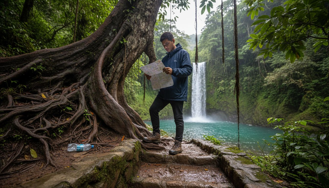 Hiker checks map on steep La Fortuna trail