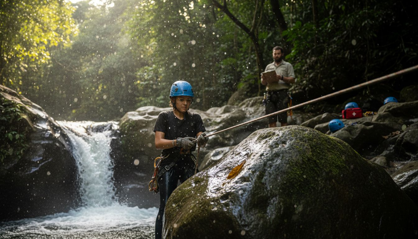 Canyoning participant rappelling by Costa Rica waterfall