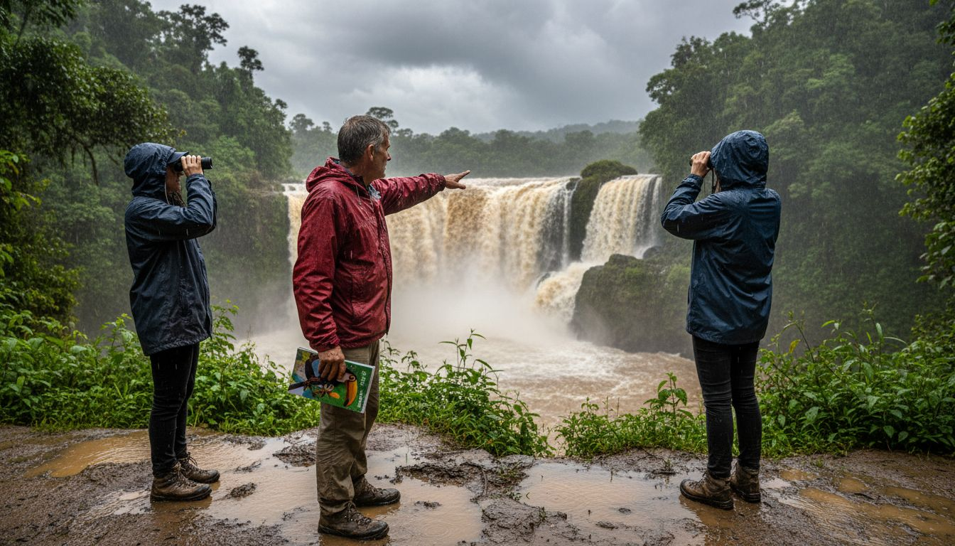 Guide with tourists at waterfall in rainy season