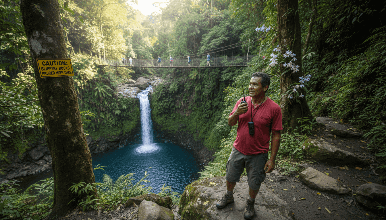 Guide overlooking scenic Costa Rica waterfall