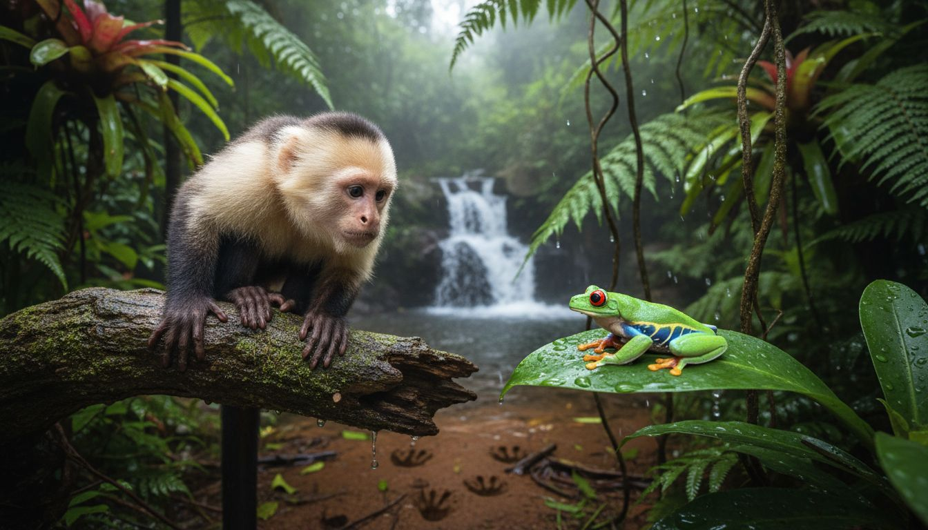 Monkey and frog near rainforest waterfall