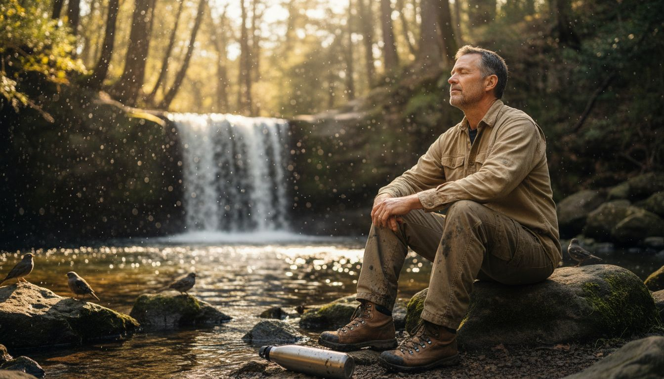 Man meditates beside natural waterfall pool