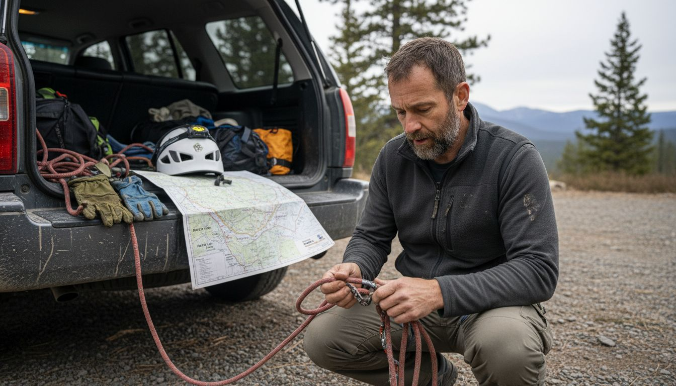 Mountaineer preparing gear at trailhead