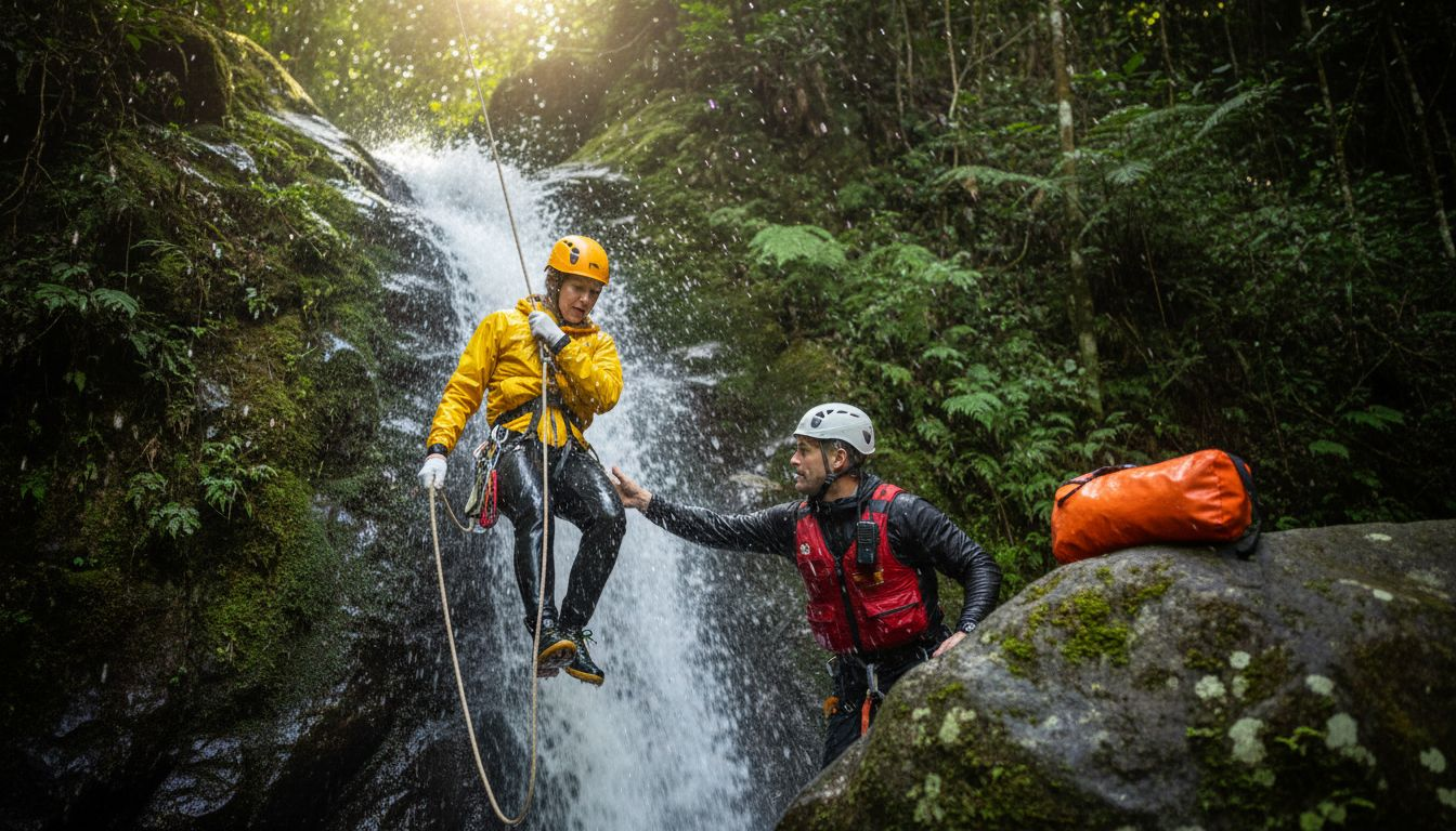 Tourist rappelling with guide at waterfall