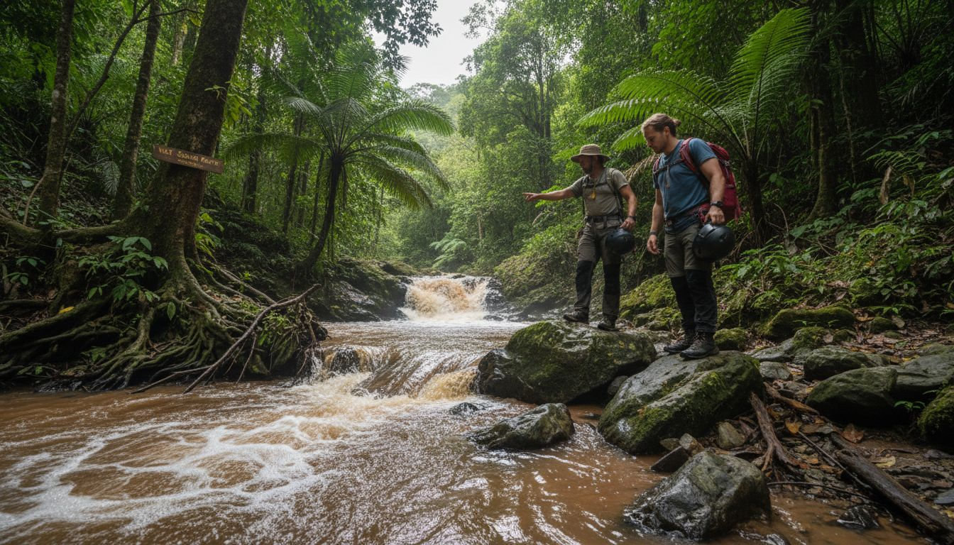 Tourists and guide beside rainy season waterfall