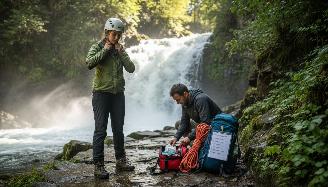Tourist checking safety gear with guide