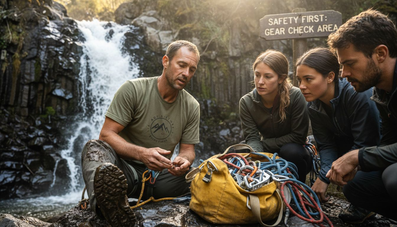 Guide demonstrates safety equipment use at waterfall