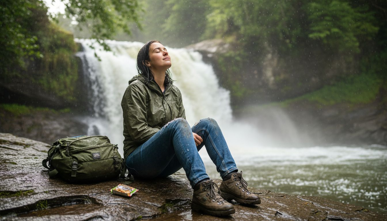 Woman experiencing waterfall’s sensory environment