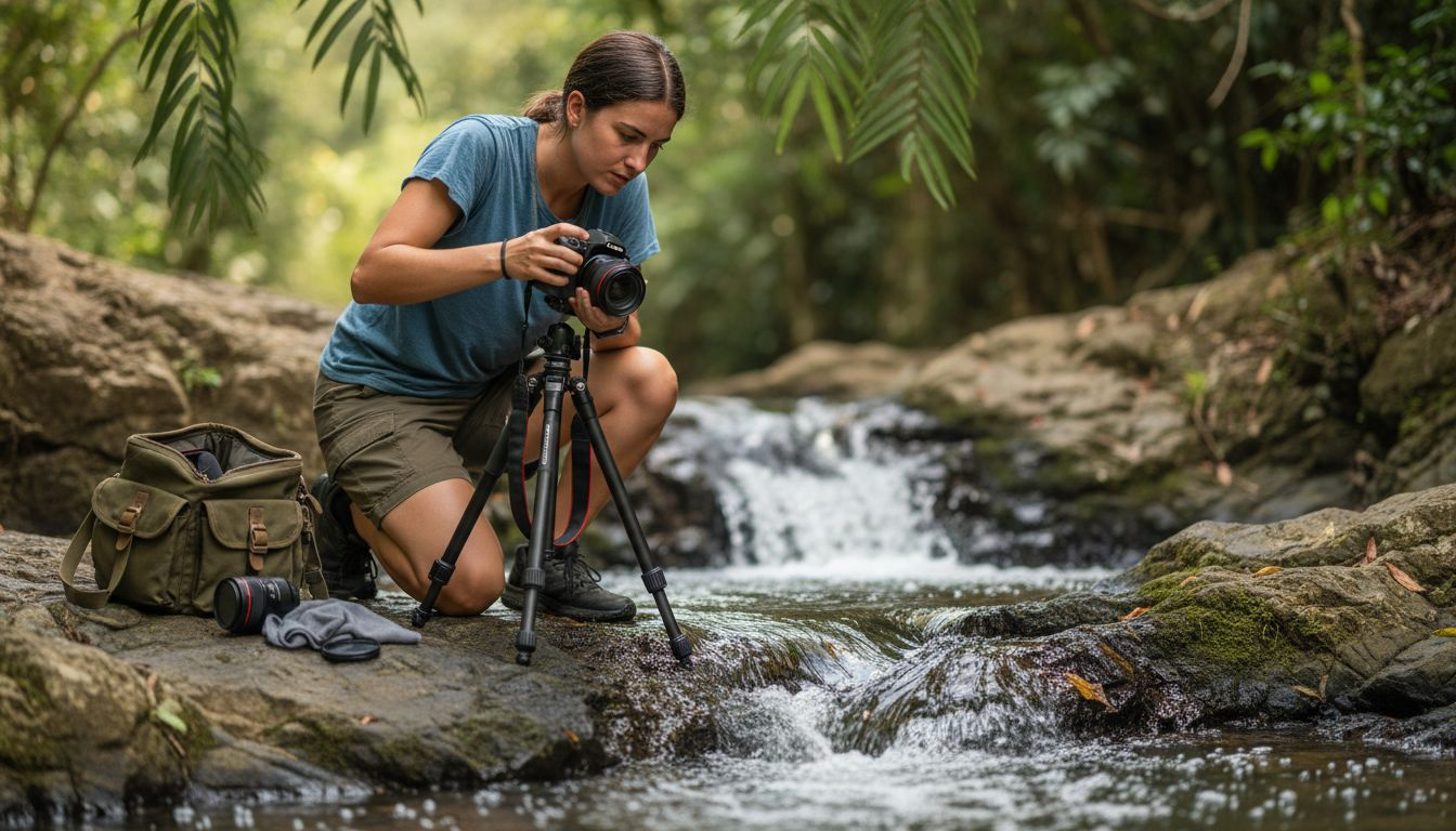 Woman adjusts camera settings next to waterfall