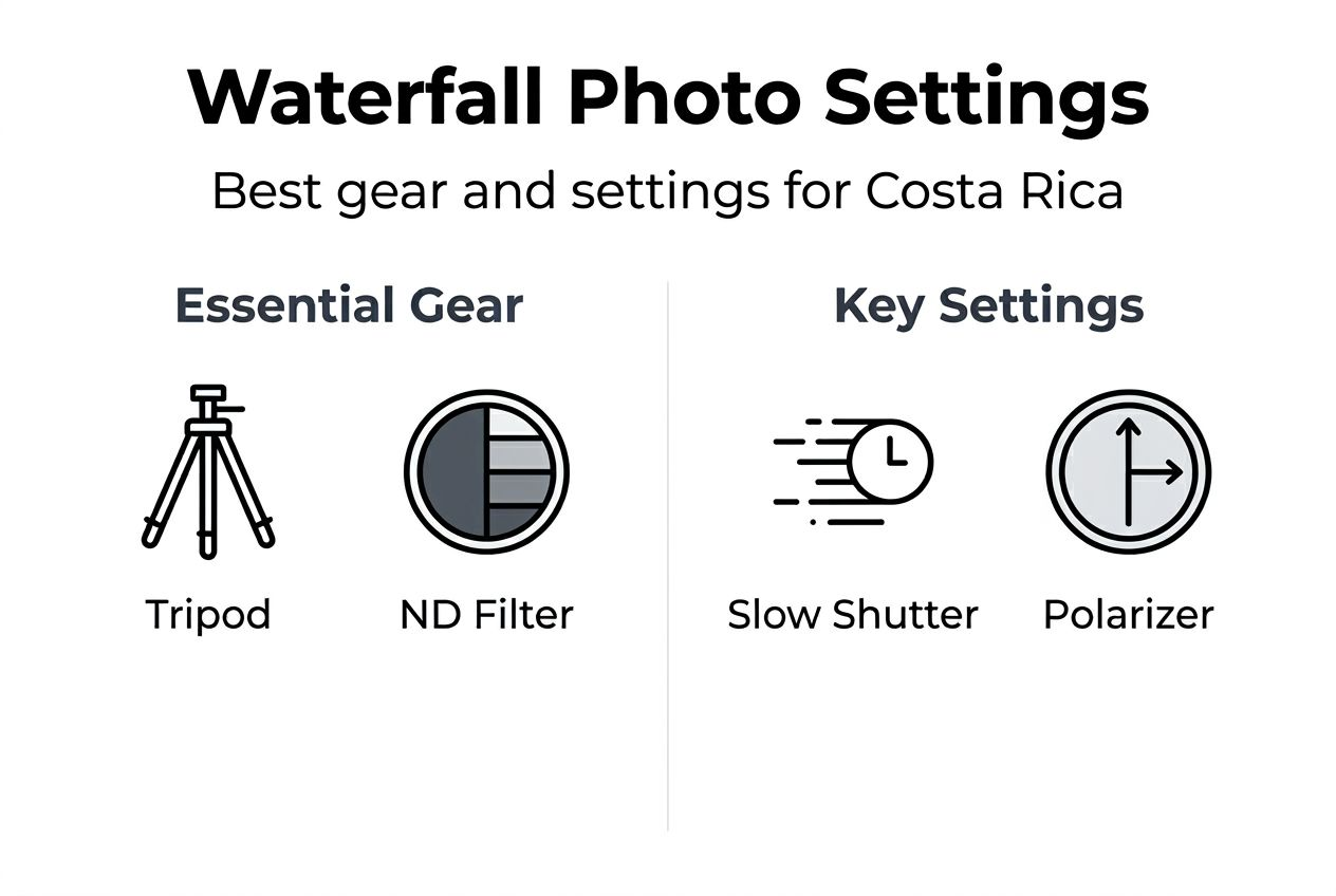 Infographic with waterfall camera settings and gear tips