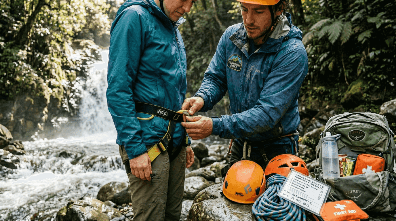 Guide helping tourist with waterfall trekking gear