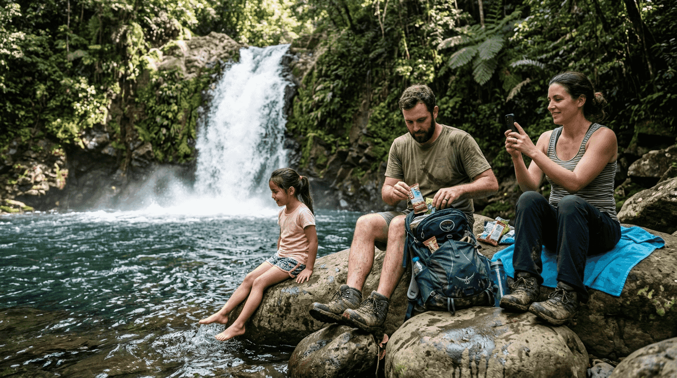 Family resting by Bijagual waterfall pool