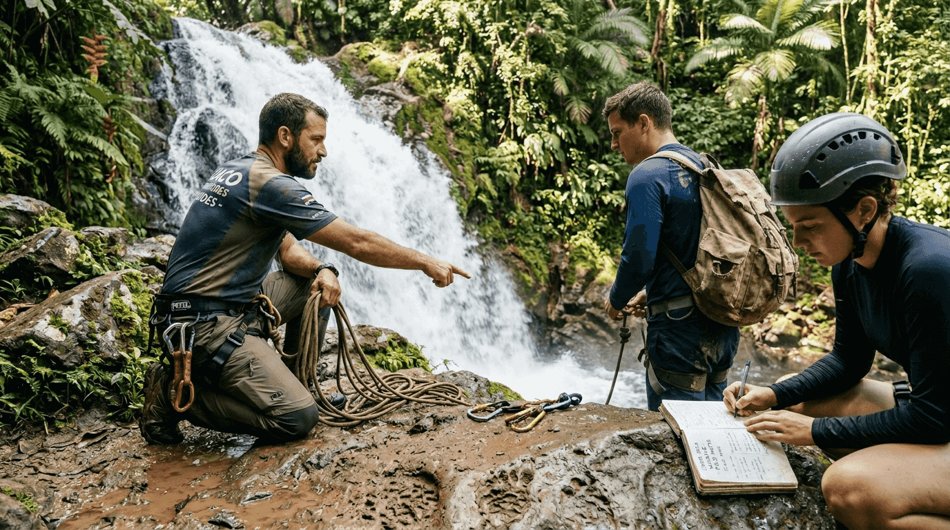 Guide prepares tourists for waterfall rappelling