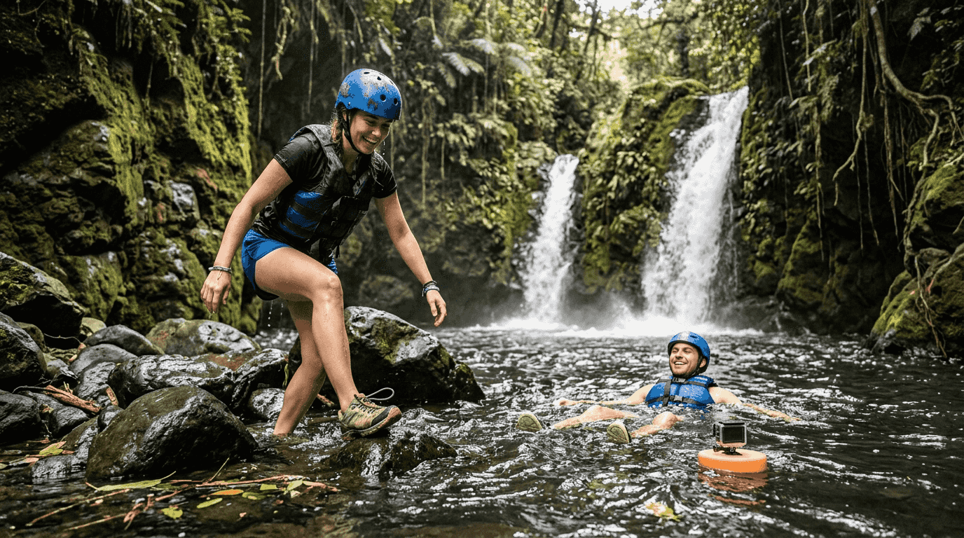 Adventurers swimming between rainforest waterfalls