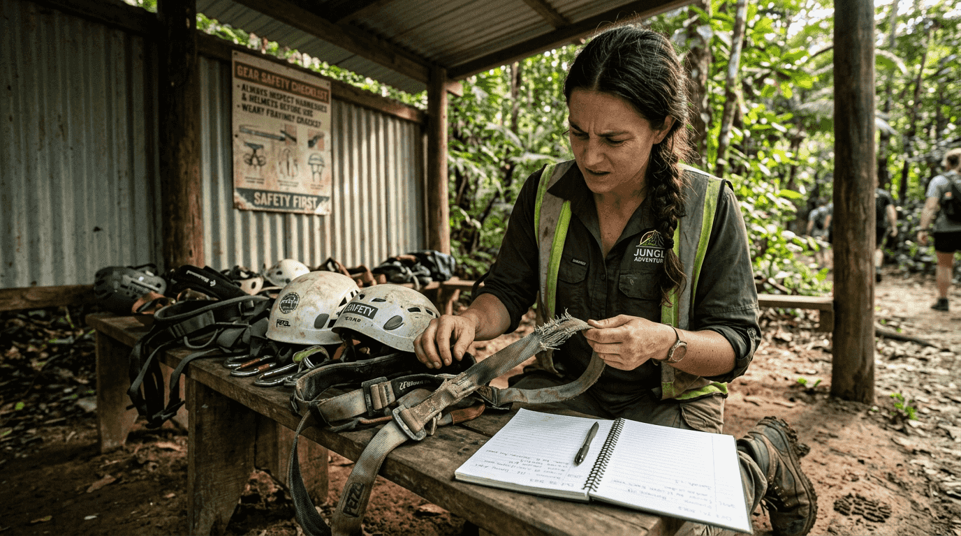 Inspector checking harnesses on rustic jungle bench