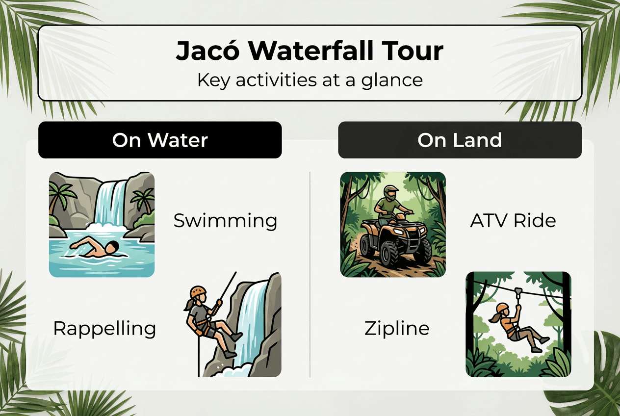 Infographic summarizing Jacó waterfall tour activities