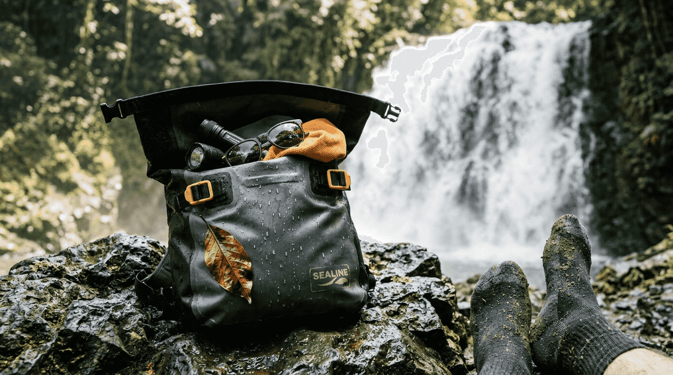 Waterproof dry bag near rocky rainforest waterfall