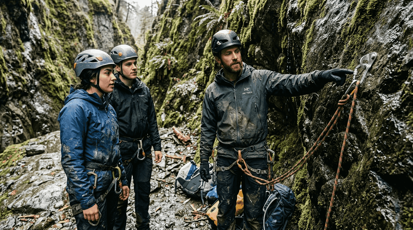Guide demonstrates safety on canyon tour