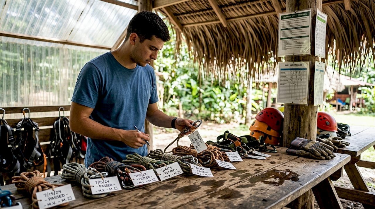 Tour operator checking adventure safety equipment