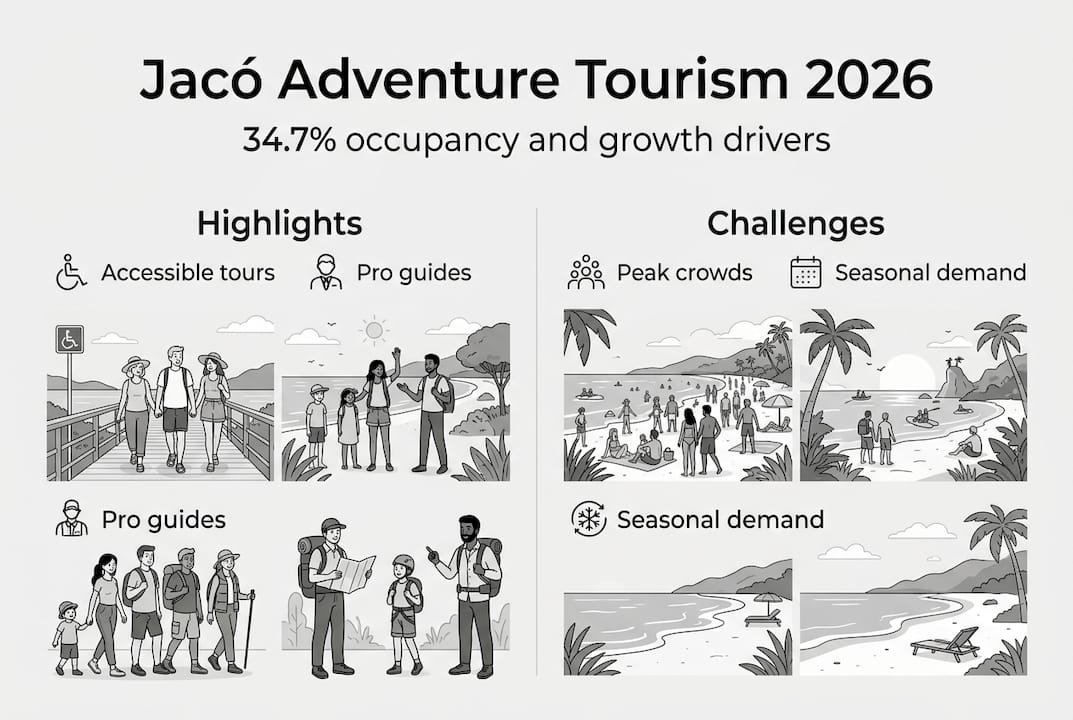 Infographic showing Jacó tourism highlights and challenges