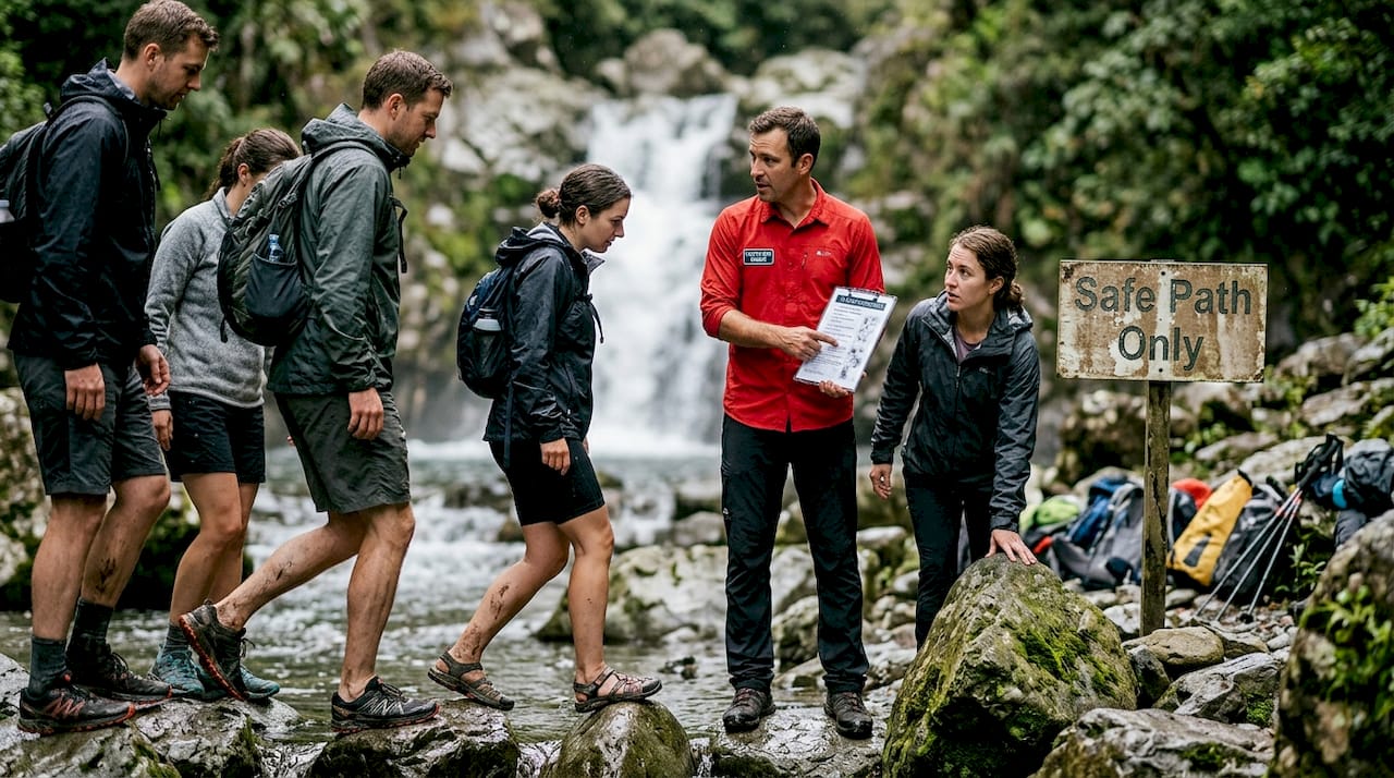 Guide assisting guests crossing river stones