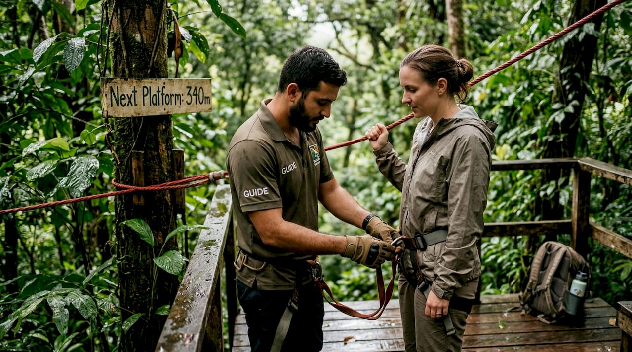 Zip-lining guide preparing guest in Jacó rainforest