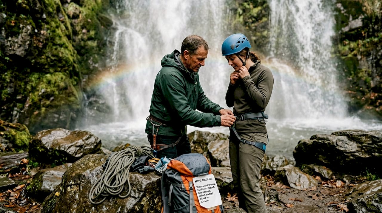 Guide helping guest prep for rappelling