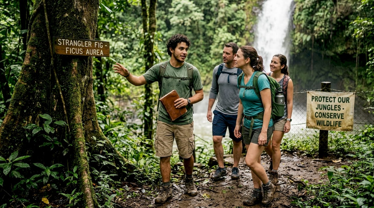 Guide leads sustainable waterfall tour group