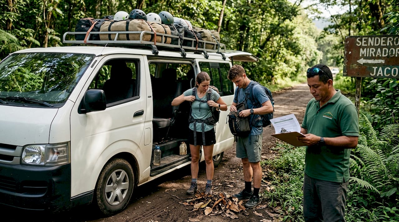 Tour van and participants at Jaco forest trail