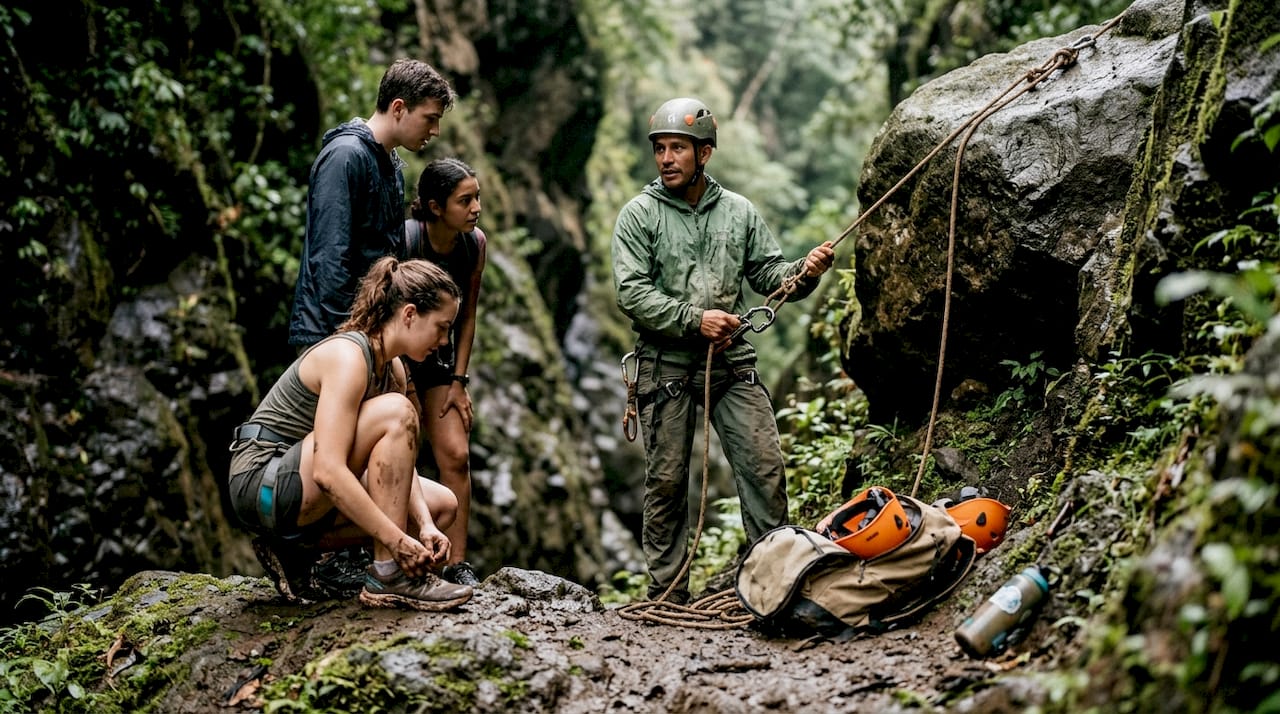 Guide instructs small group in Jacó canyon