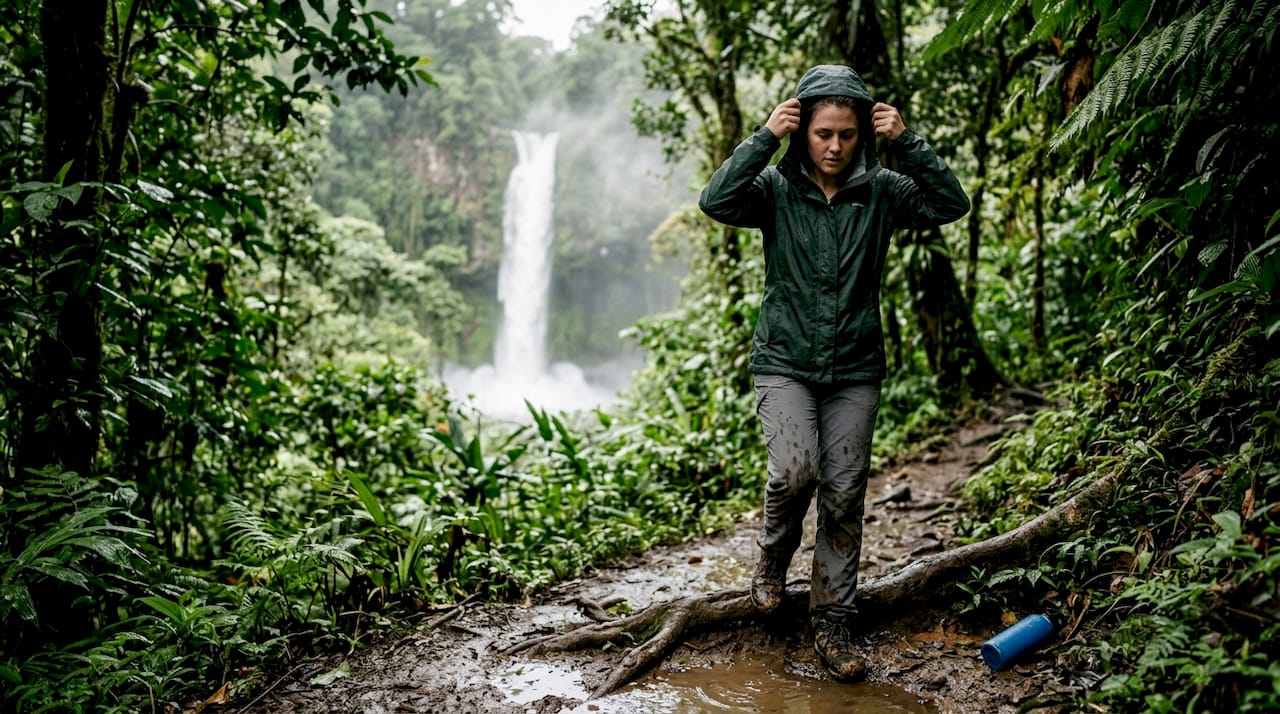Hiker adjusting jacket on muddy Costa Rica trail