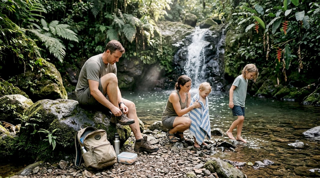 Family relaxing by base of tropical waterfall
