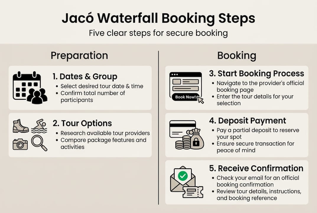 Infographic showing Jacó waterfall booking process