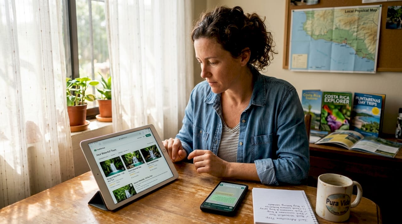 User comparing waterfall booking platforms at table