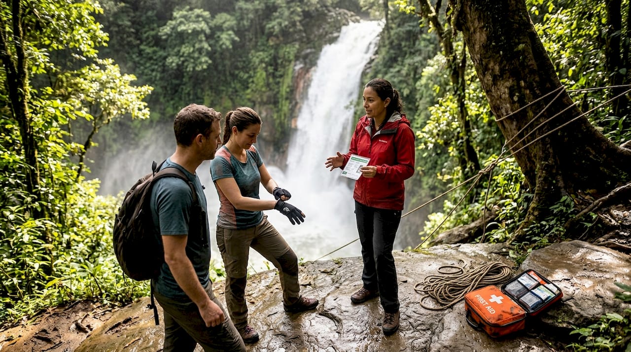 Waterfall rappel safety briefing at cliff edge