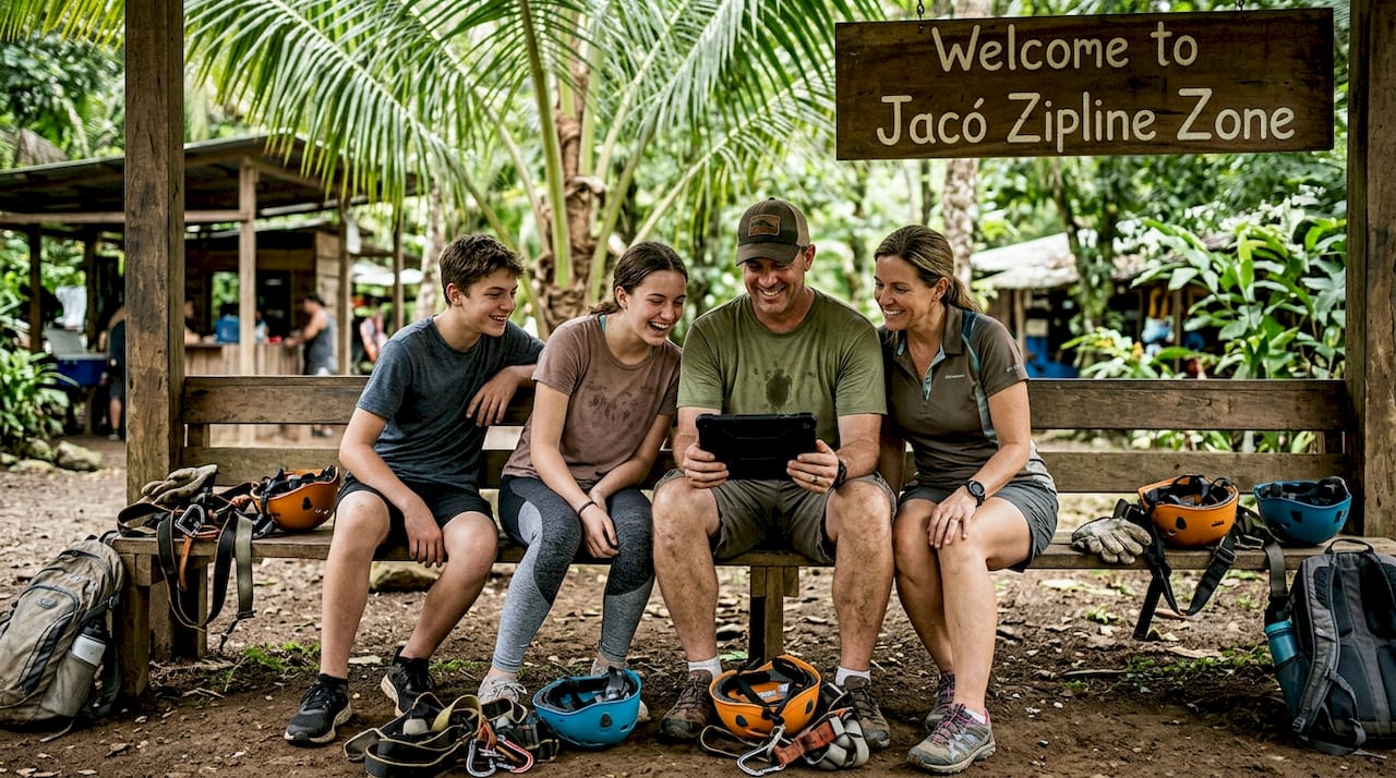 Family reviews zipline footage at basecamp