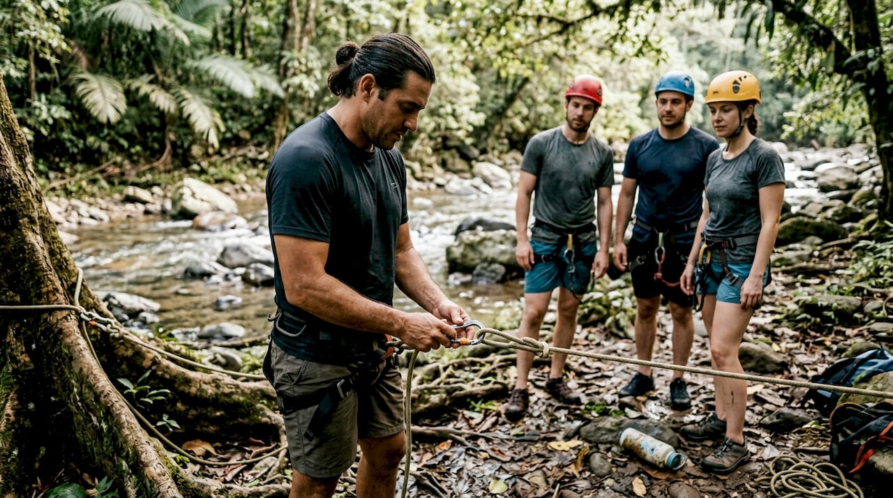Guide showing canyoning equipment beside river